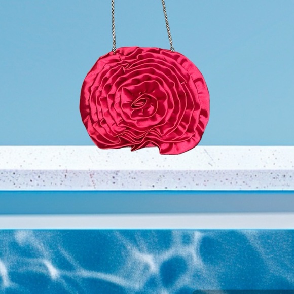 Hot Pink Satin Evening Bag w/ Detachable Silver Chain Shoulder Strap (24” Drop) - Picture 6 of 11